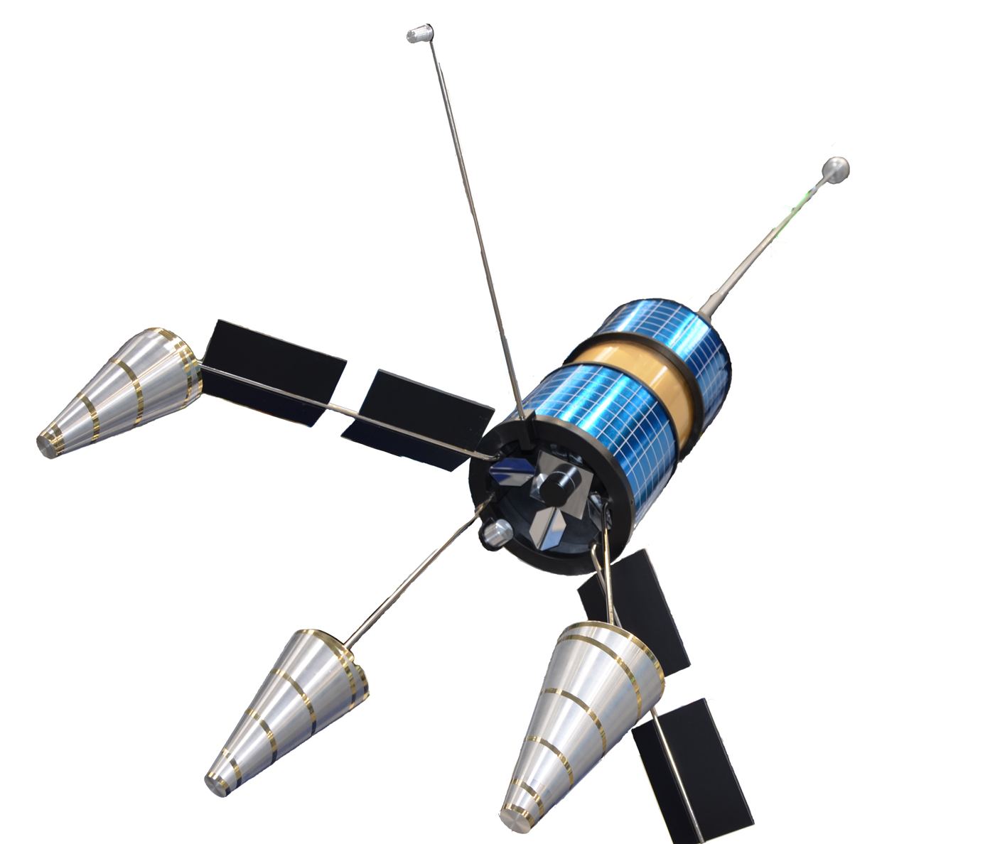 A communications satellite orbiting Earth with solar panels extended above the planet's curved horizon.